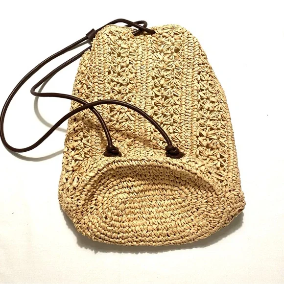 Zara Woven Raffia Straw Drawstring Backpack Tote Bag Neutral - Picture 8 of 15